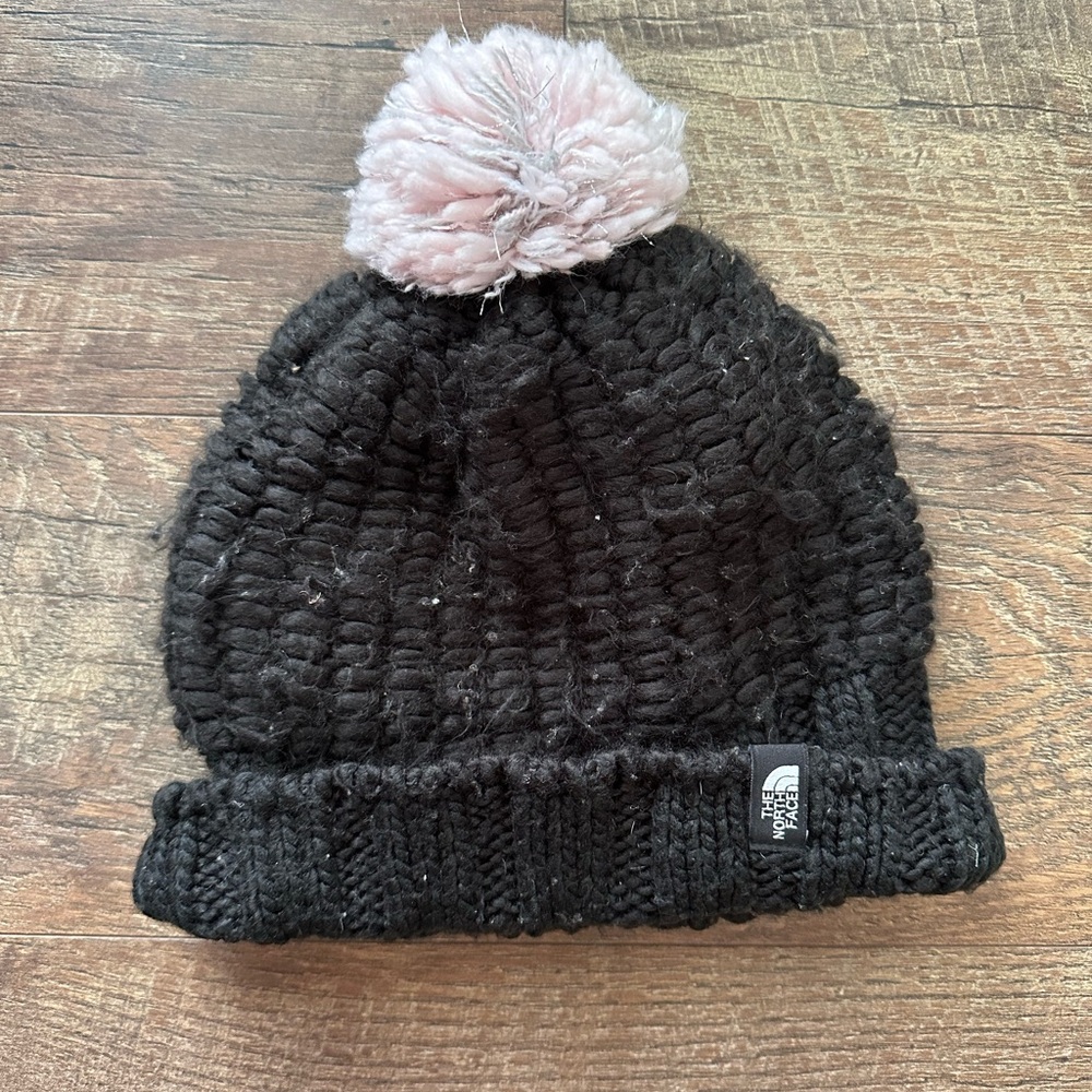 The North Face Black and Pink Hat with Chunky Knit and Pom-Pom
